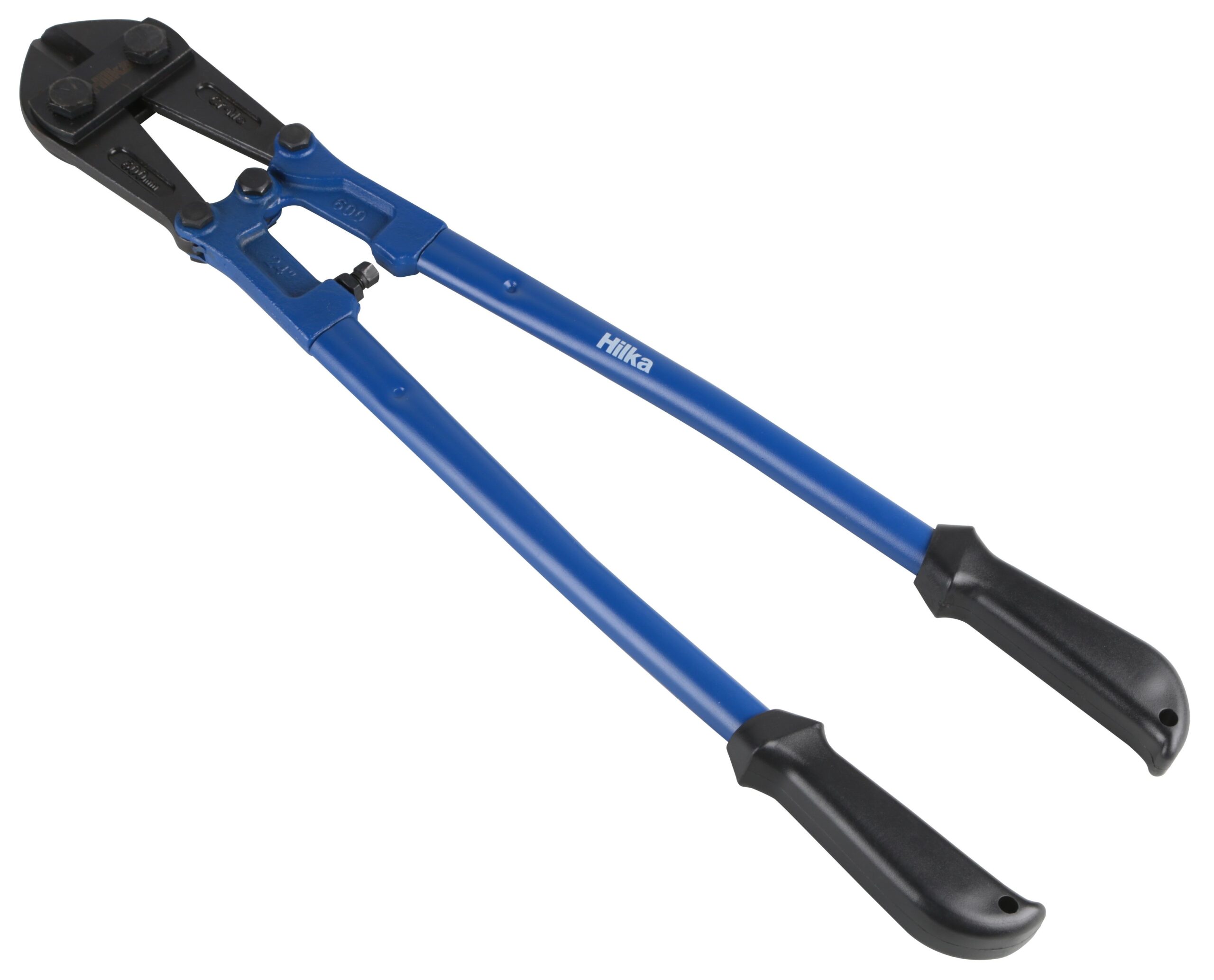 24 inch bolt cutters, black jaws, blue handles with black rubber grips on the end.