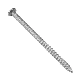 An end view of an annular ring shank nail at 50mm long on a white background