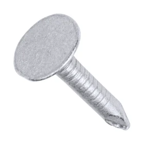 A flat large head of a 20mm long clout nail against a white background