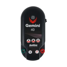 Hotline Gemini Energiser dual power electric fence unit with 12v battery and mains operation for portable and permanent fencing systems.