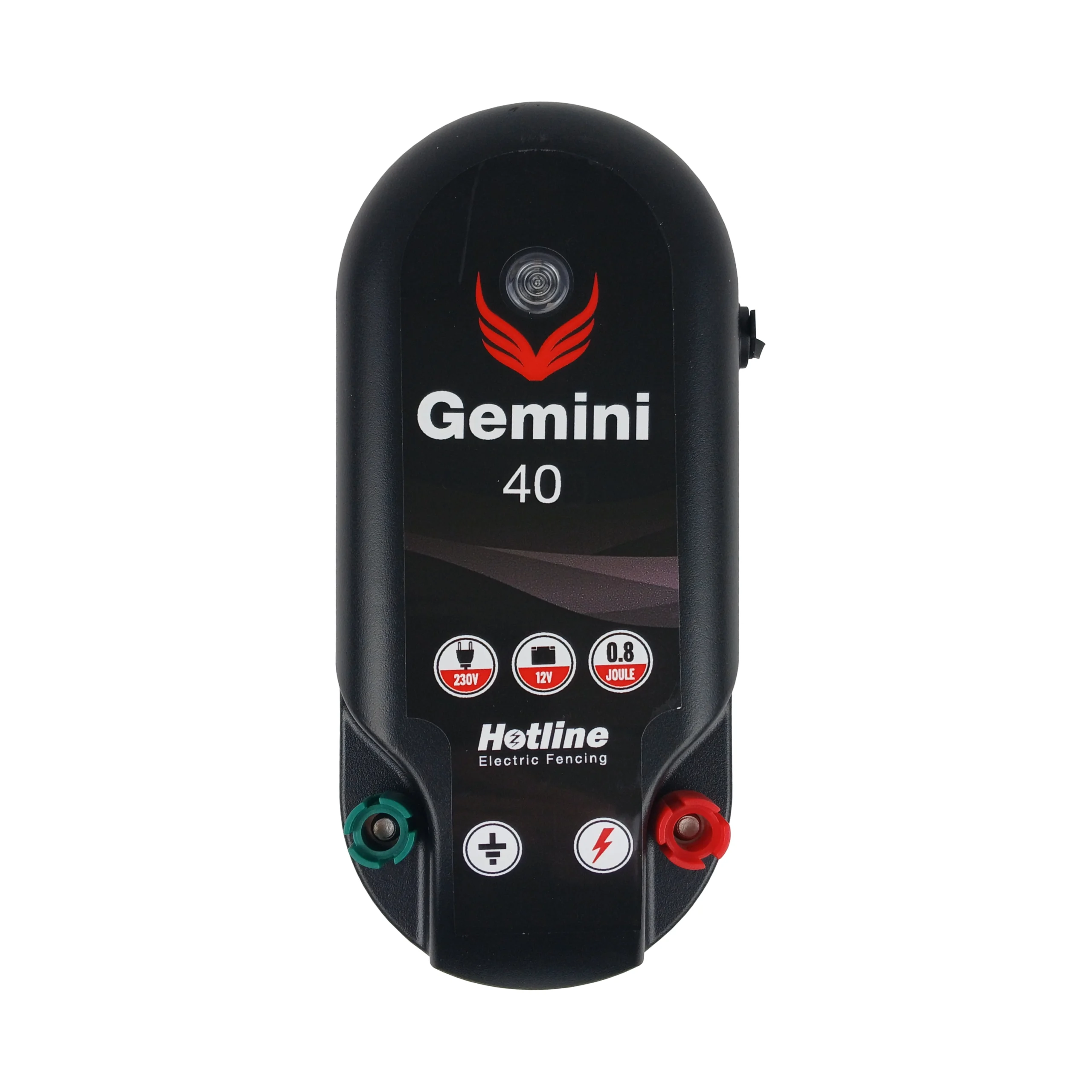 Hotline Gemini Energiser dual power electric fence unit with 12v battery and mains operation for portable and permanent fencing systems.