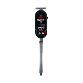 Hotline Gemini Energiser mounted on earth stake for portable electric fencing with dual mains and 12v battery power operation.