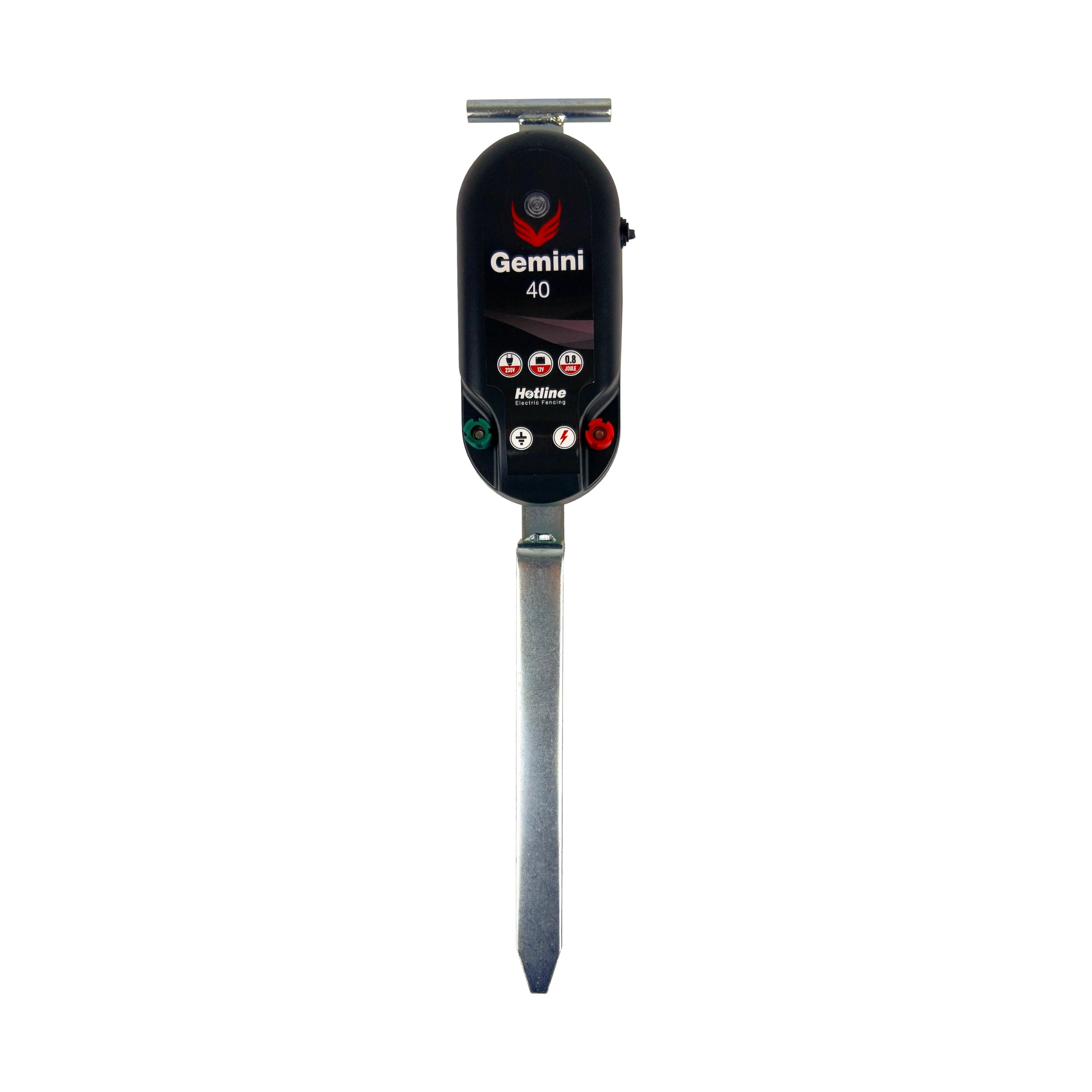 Hotline Gemini Energiser mounted on earth stake for portable electric fencing with dual mains and 12v battery power operation.