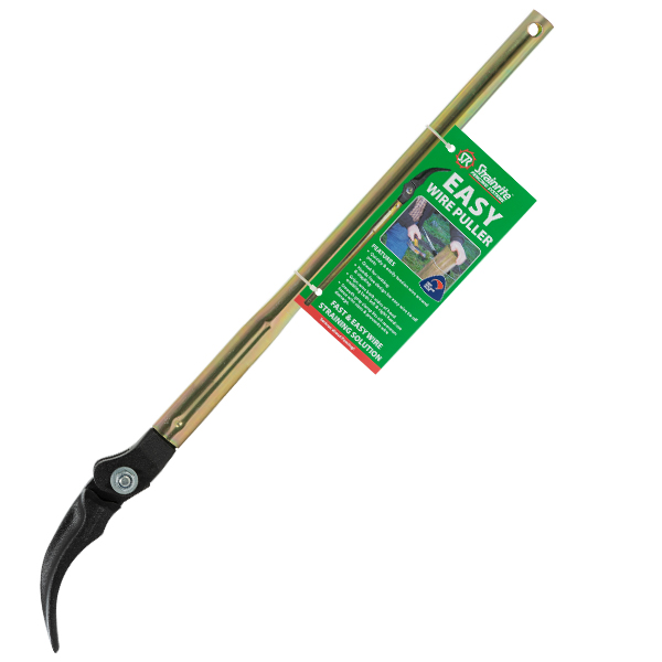 strainrite easy wire puller, long gold handle, with a black hooked articulating jaw.