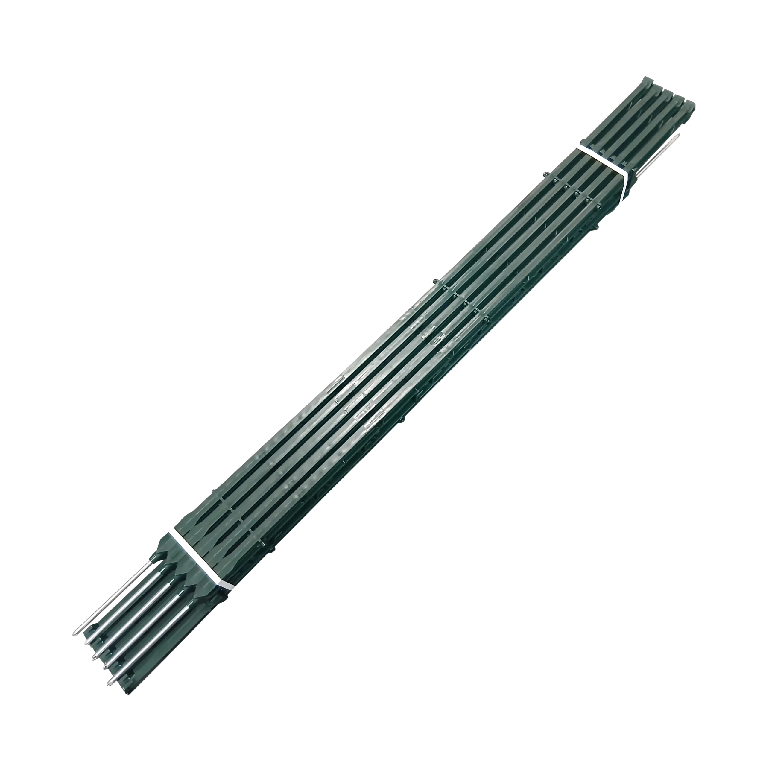 Pack of green electric fence posts with steel spikes for livestock fencing, suitable for electric fence wire, rope and tape.