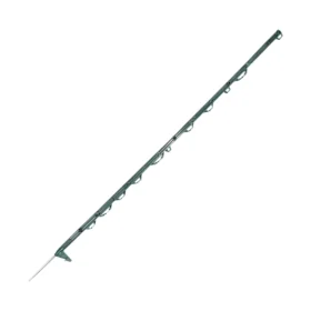 Green electric fence posts for livestock fencing with steel spike suitable for electric wire, rope and tape systems.