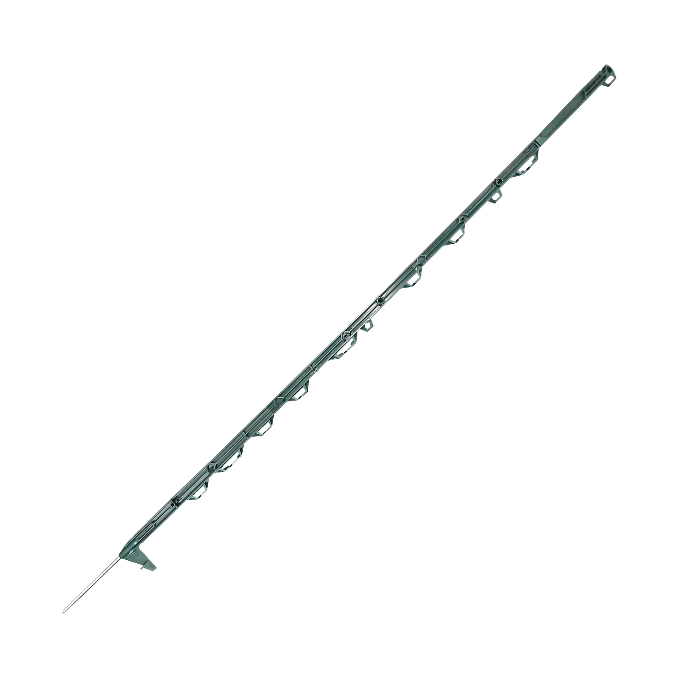 Green electric fence posts for livestock fencing with steel spike suitable for electric wire, rope and tape systems.