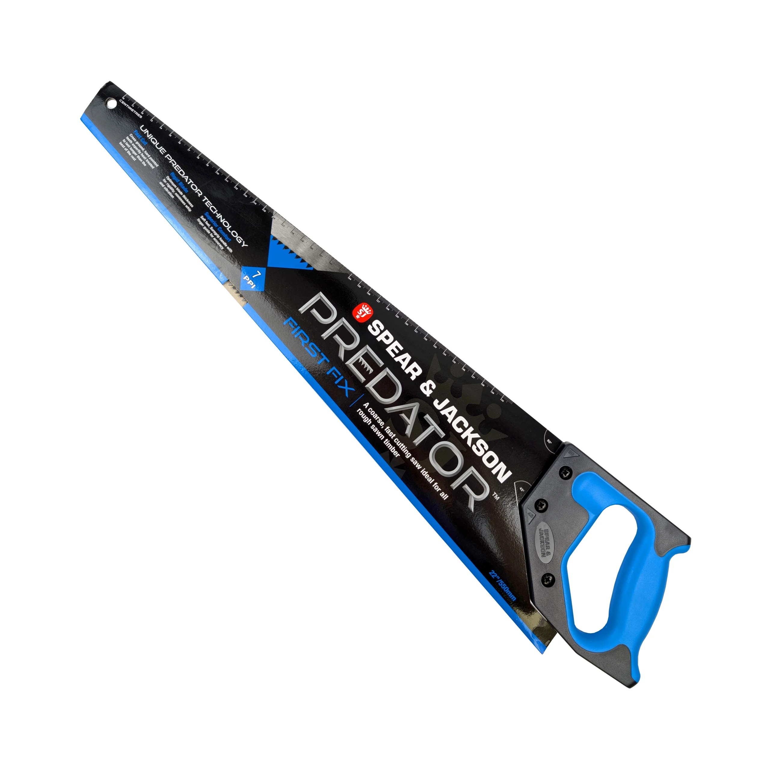 predator first fix saw, blue handle with a black and blue sheath