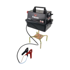 Hotline Falcon Fencer 12v battery energiser with battery connection leads and 4-prong stand for portable electric fencing systems.