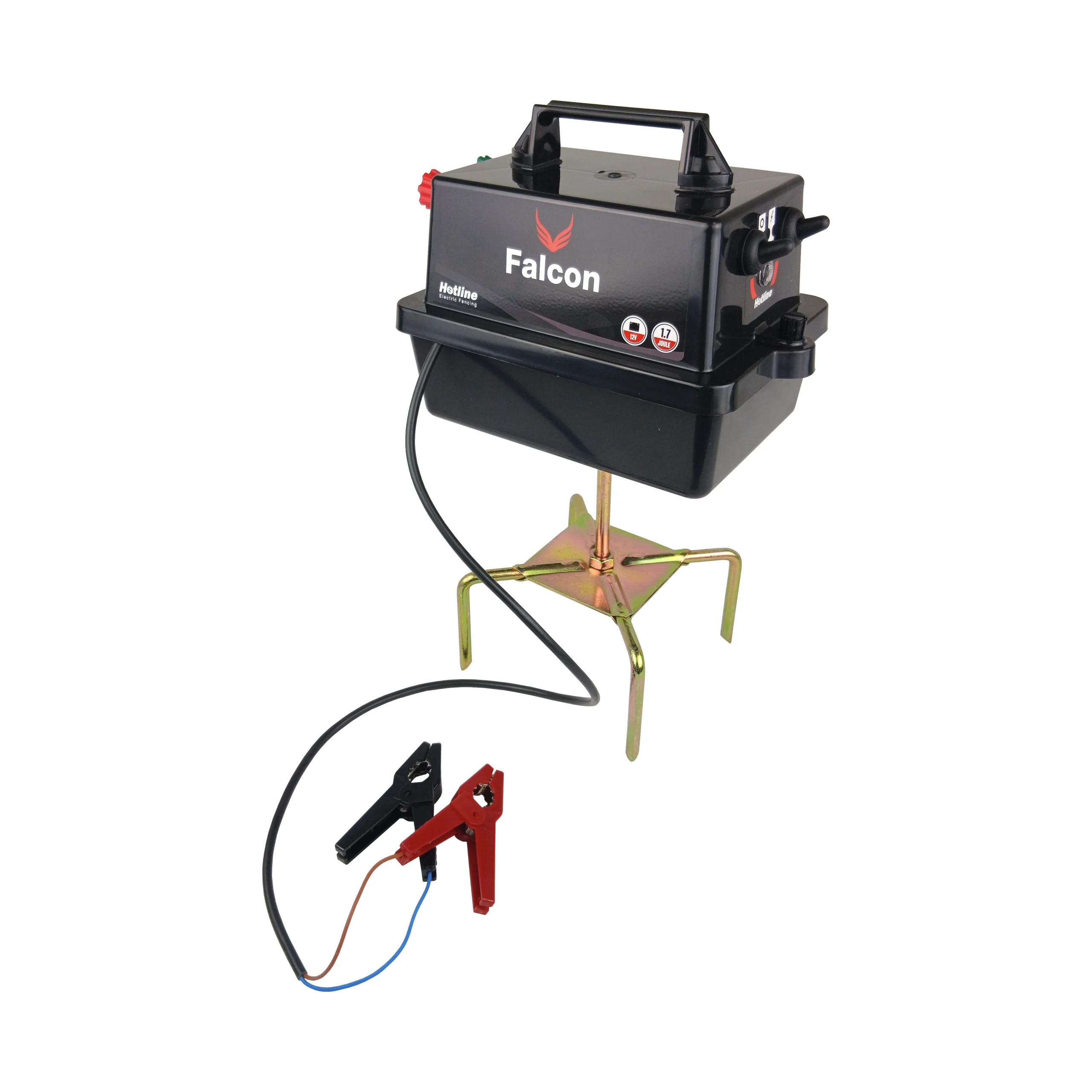 Hotline Falcon Fencer 12v battery energiser with battery connection leads and 4-prong stand for portable electric fencing systems.