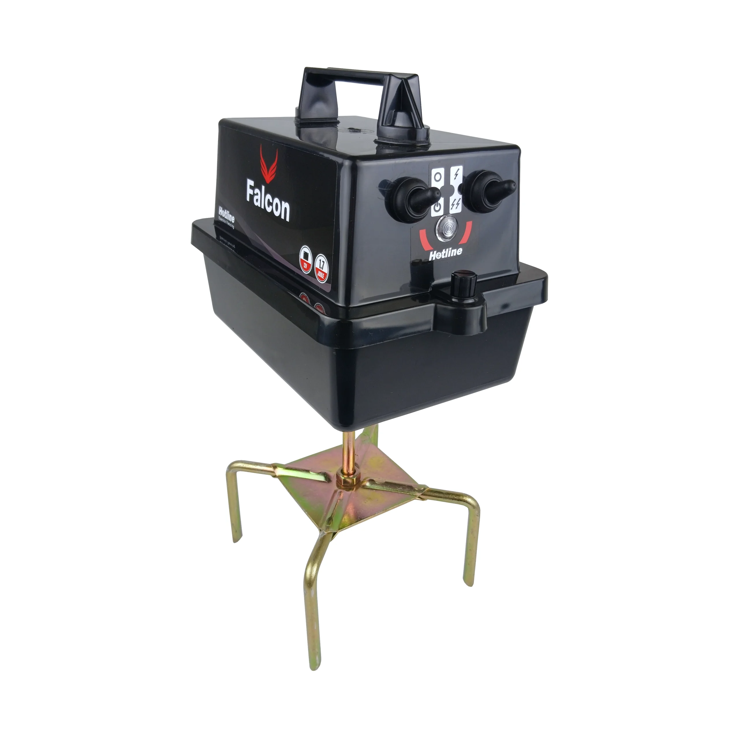Right angled view of the Hotline Falcon Fencer 12v battery energiser featuring high and low power settings for electric fencing applications.