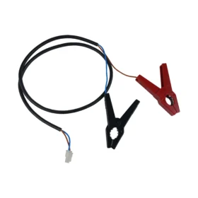 Battery connection cable for the Hotline Falcon Fencer 12v electric fence energiser with red and black crocodile clips for secure battery connection.