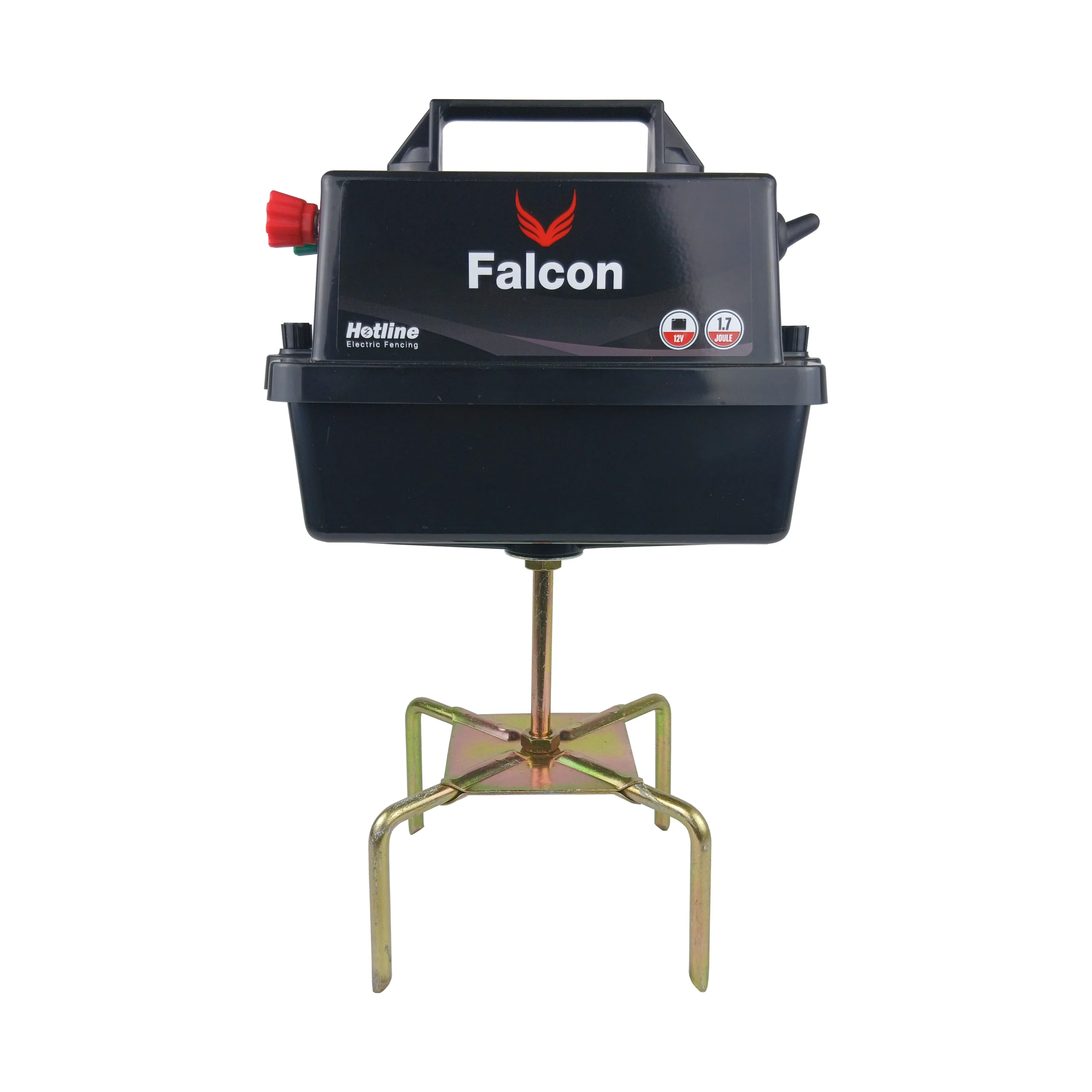 Hotline Falcon Fencer 12v battery energiser with 4-prong stand for electric fencing and livestock control in remote locations.