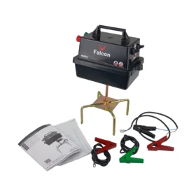 Hotline Falcon Fencer 12v battery energiser kit including connection leads, earth lead, instructions, and portable electric fence stand.
