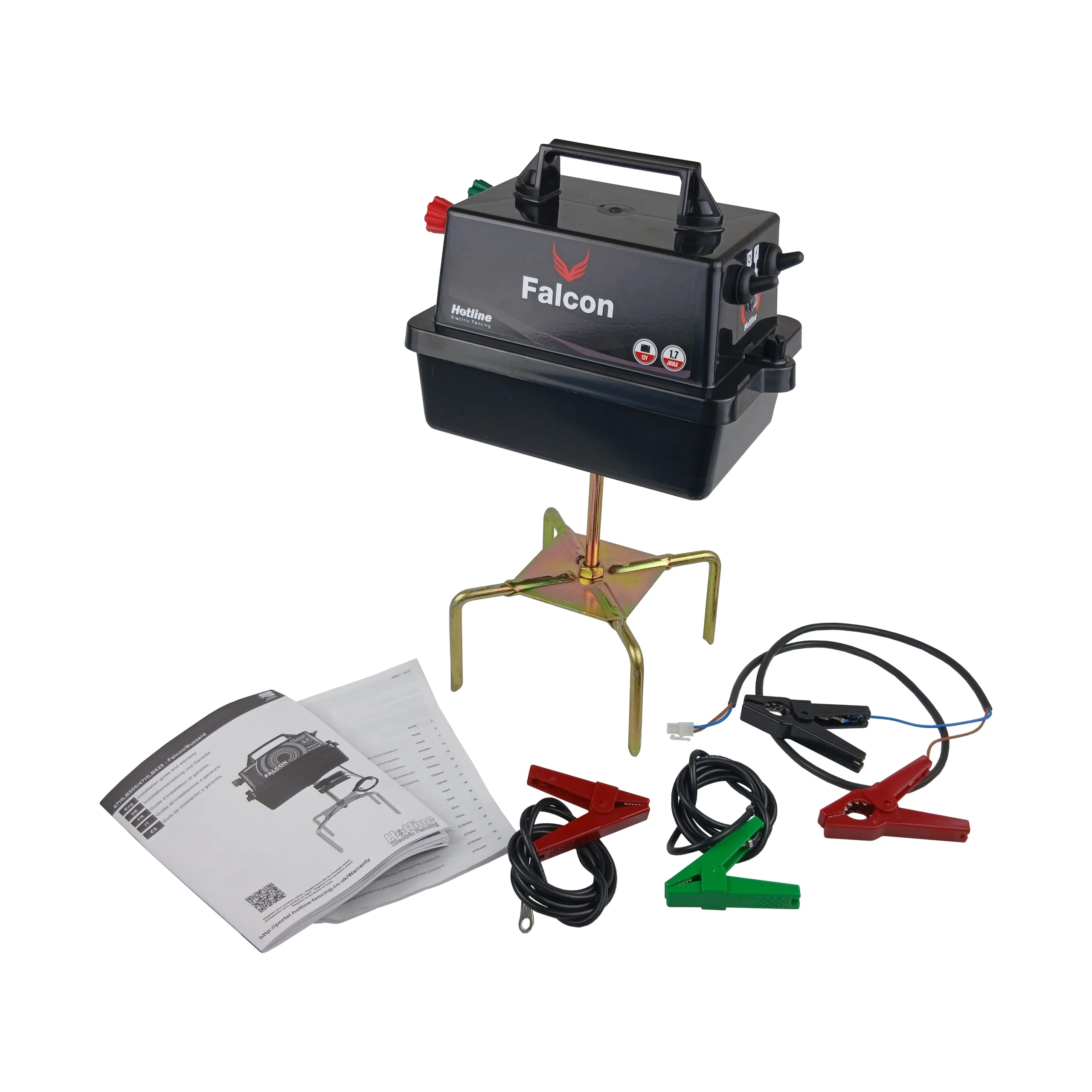 Hotline Falcon Fencer 12v battery energiser kit including connection leads, earth lead, instructions, and portable electric fence stand.