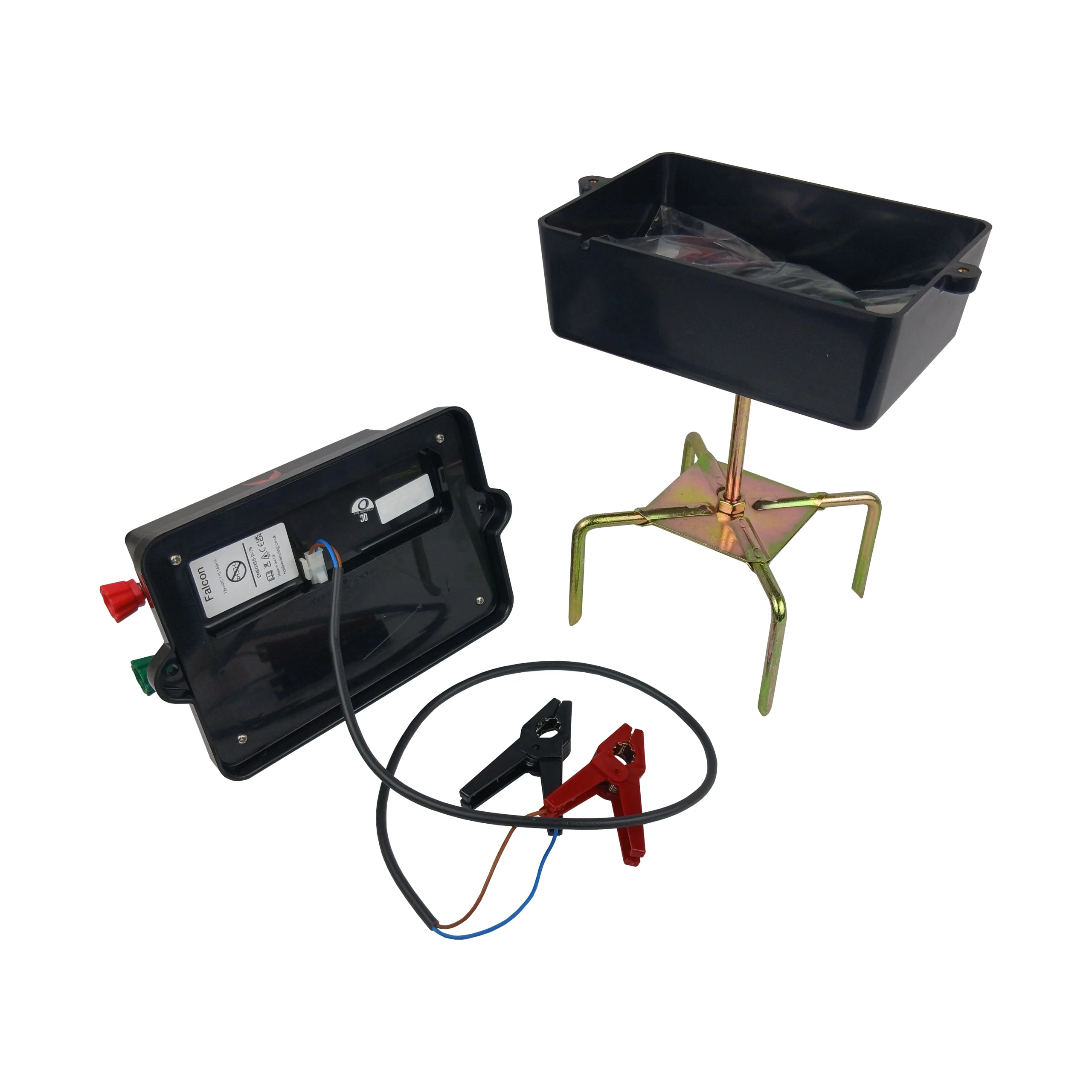 Open view of the Hotline Falcon Fencer 12v battery energiser showing internal battery compartment, connection leads, and sturdy electric fence stand.