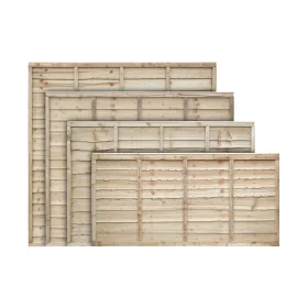 A set of green pressure treated timber lap fence panels of all available heights stacked in front of one another