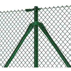 green chain link fence with a green metal post and two diagonal braces in the centre, on a white background