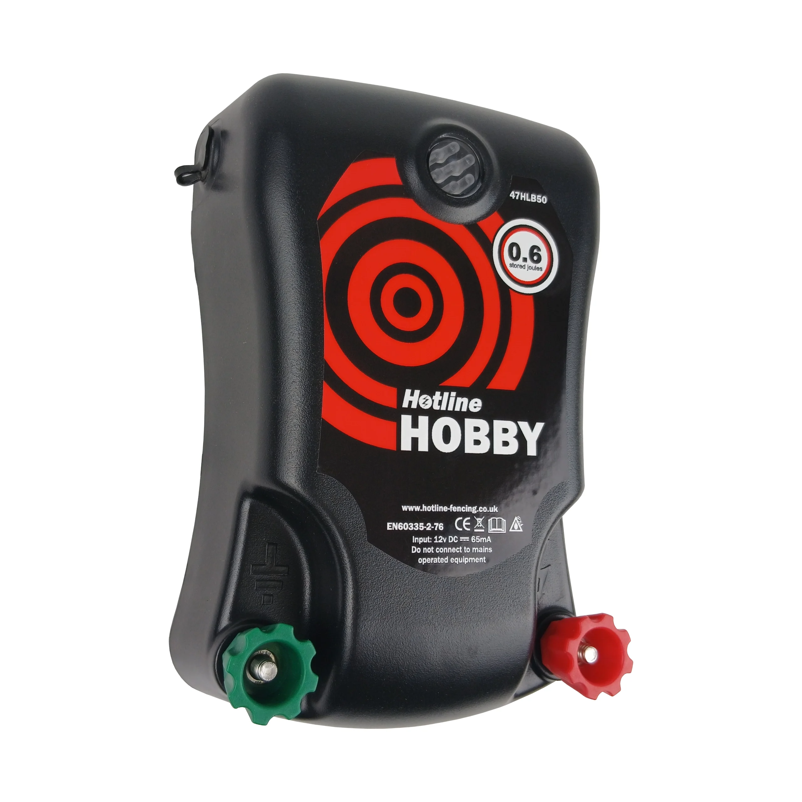 Angled view of the Hotline Hobby battery energiser with compact weather-resistant housing, 0.6 joule output and heavy-duty fence terminals. Portable battery energiser ideal for electric fencing on smallholdings, paddocks, livestock and equestrian fencing systems.