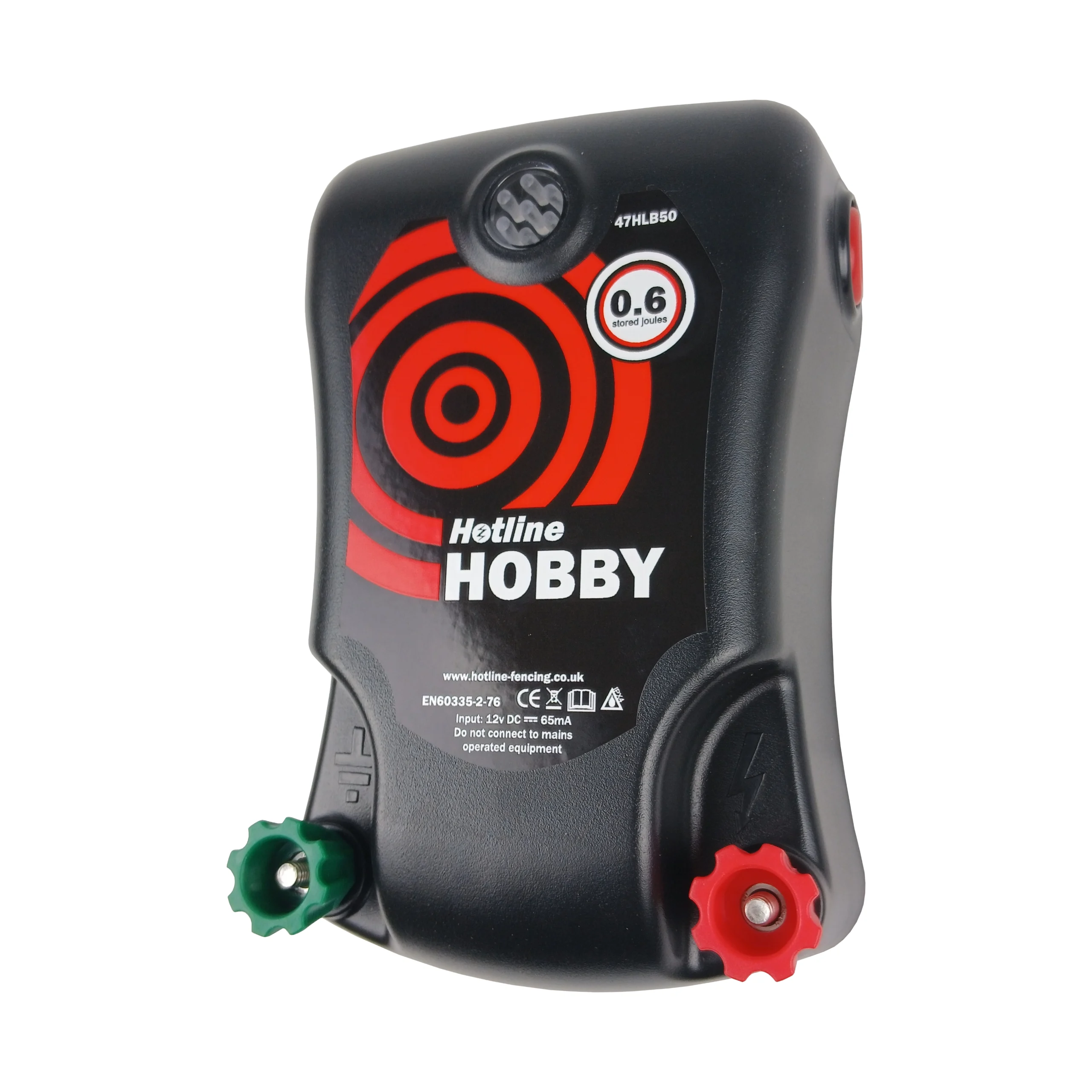 Right-angled view of the Hotline Hobby battery energiser with rugged black casing, 0.6 joule stored energy and secure electric fence connection terminals. Compact battery energiser designed for portable electric fencing for livestock, paddocks and equestrian use.