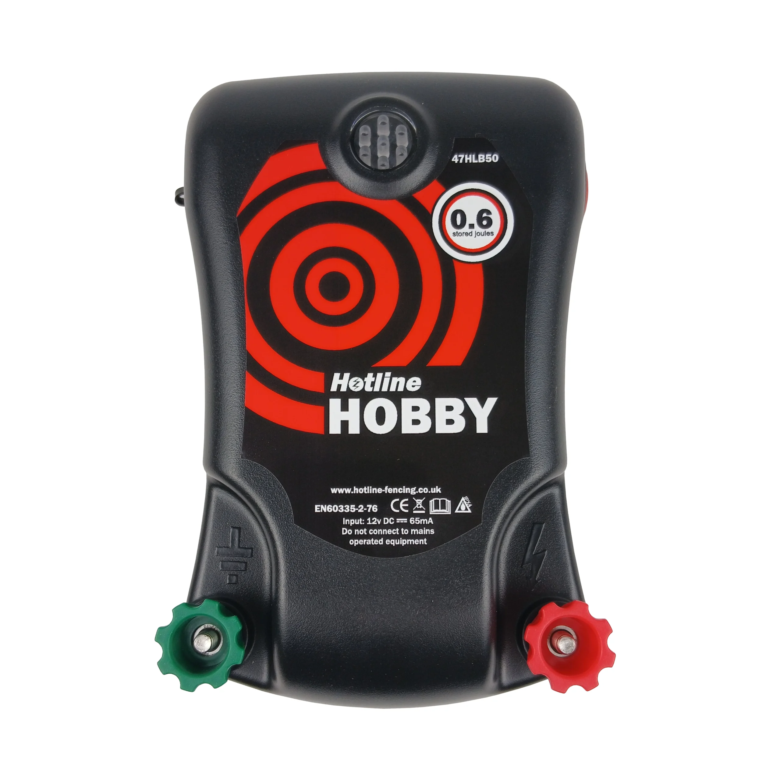 Hotline Hobby battery energiser for electric fencing, featuring durable compact casing, 0.6 joule output and easy-connect terminals. Reliable battery energiser designed for portable livestock, equestrian and small paddock electric fence systems.