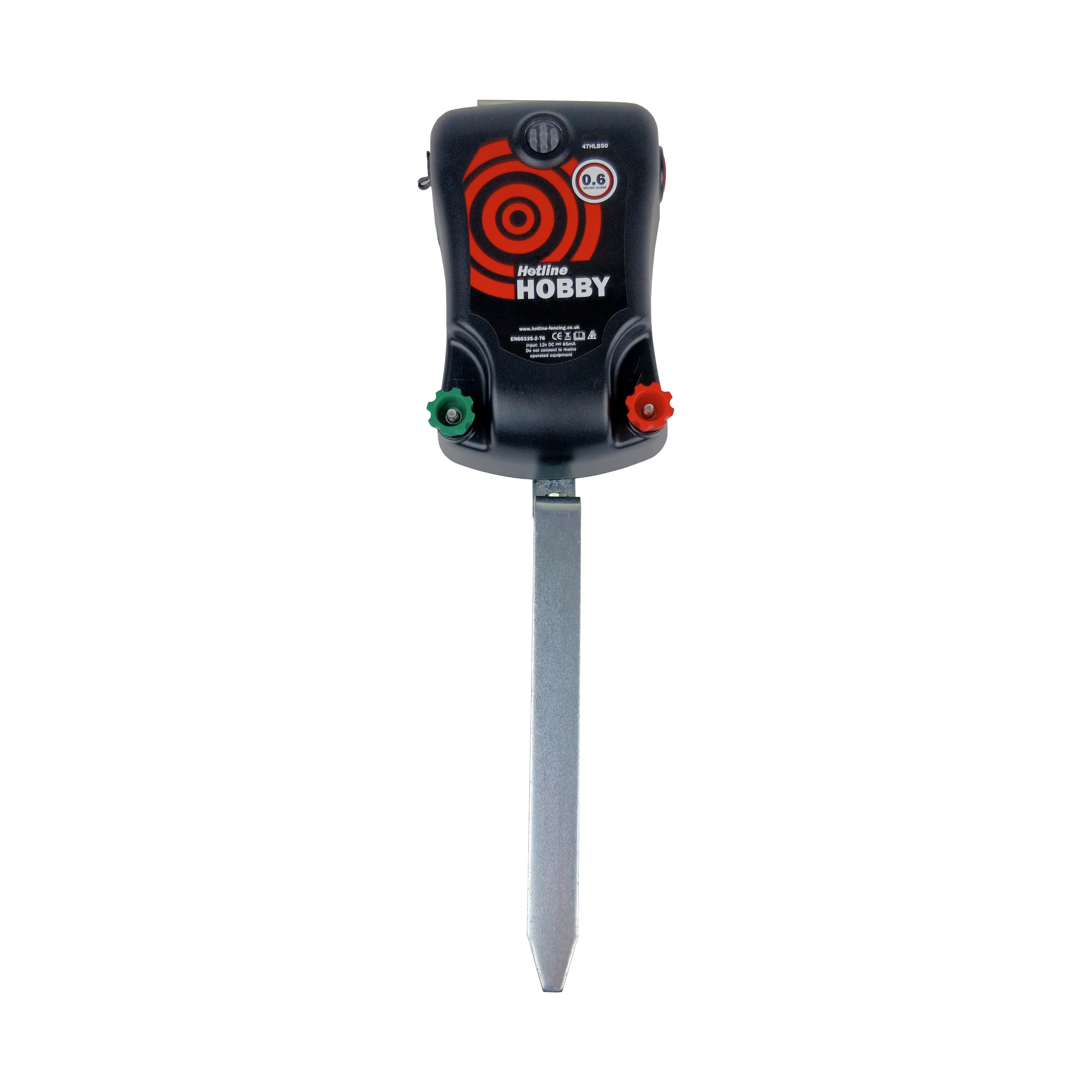 Hotline Hobby battery energiser mounted on metal ground stake for portable electric fencing, featuring 0.6 joule output and durable weather-resistant housing. Compact battery energiser ideal for temporary livestock, paddock and equestrian electric fence systems.