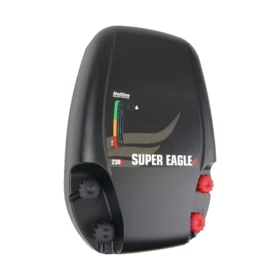 Angled view of the Hotline Super Eagle mains electric fence unit with durable black casing, LED status indicator and 230V connection points. Reliable mains electric fence energiser designed for agricultural, equestrian and livestock fencing applications.