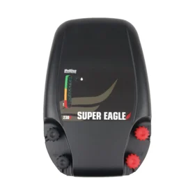 Hotline Super Eagle mains electric fence unit for livestock and agricultural fencing, featuring LED power indicator display and durable black weather-resistant casing. High-performance mains electric fence energiser designed for reliable farm and perimeter fence control.