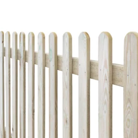 A close up angled view of the round top picket fence panel against a white background.