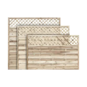 A set of horizontal lattice top fence panels of all available heights stacked in front of one another
