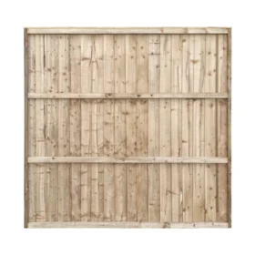 The back view of a 1.8m high by 1.83m wide green treated featheredge fence panel against a white background with 4 horizontal support battens