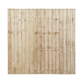 A 6x6 classic timber featheredge fence panel with overlapping vertical featheredge boards and a green pressure treated finish, supported by a sturdy frame against a white background.