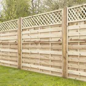 A square horizontal lattice top fence panel in a garden with posts on grass