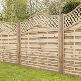 An ashwell lattice top panel in a garden with posts on grass