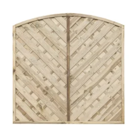 Rear view of a diagonal-slatted V-Arched panel showing its curved top profile—an example of arch top fence panels or arched fence panels. The timber design highlights how the curved fence panel blends durability with style, functioning as modern curved fence panels or arch fence panels.