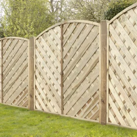 Lifestyle view of V-Arched curved fence panels with elegant curved top profiles—stylish arch top fence panels or arched fence panels featuring diagonal timber slats, a refined example of modern curved fence panels or curved top fence panels in a garden setting.