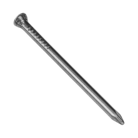 An end view of a panel pin nail at 30mm long on a white background
