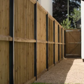 Closeboard fence with pressure-treated timber cant rails and vertical featheredge boards supported by steel fence posts along a residential boundary.