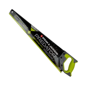 predator second fix saw, green handle with a black and green sheath.