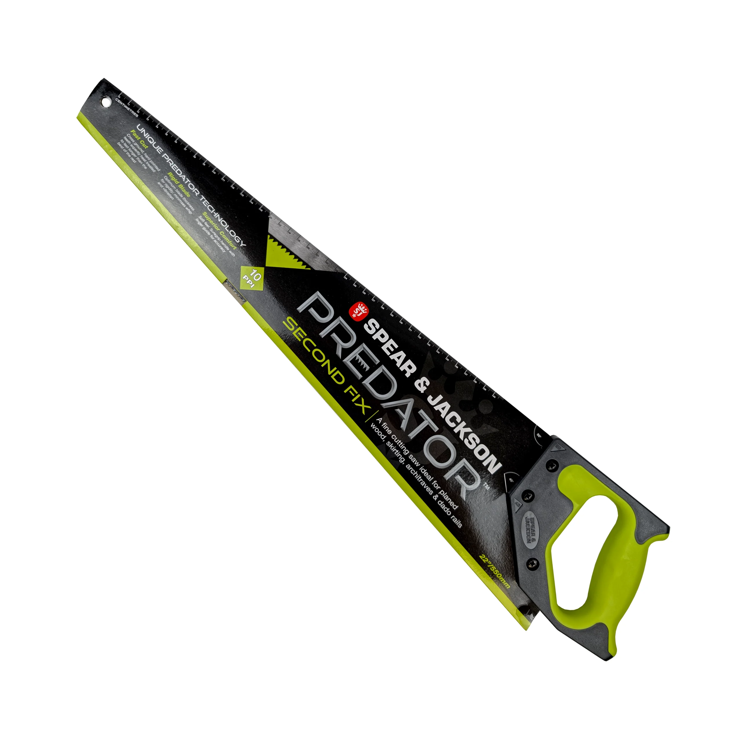 predator second fix saw, green handle with a black and green sheath.