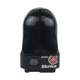 Shrike energiser portable battery electric fence energiser with hanging case and pulse indicator for temporary fencing systems.