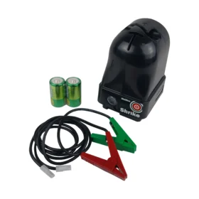 Shrike energiser electric fence starter kit with D-Cell batteries and connection leads for portable temporary fencing applications.