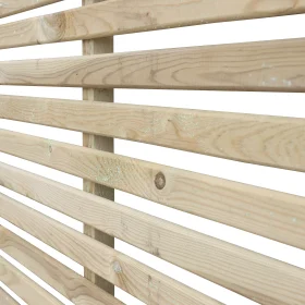 A close up angled view of the timber single slatted fence panels.