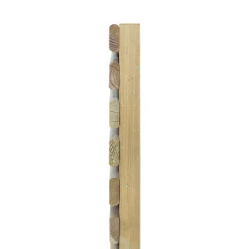 A close up side view of a single slatted fence panel showing off rounded batten