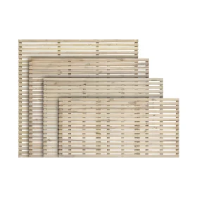 A set of single slatted fence panels of all available heights stacked in front of one another