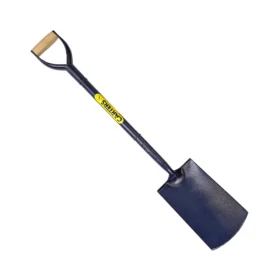 Steel spade, all blue, yellow sticker on the shaft and a wooden hand grip handle