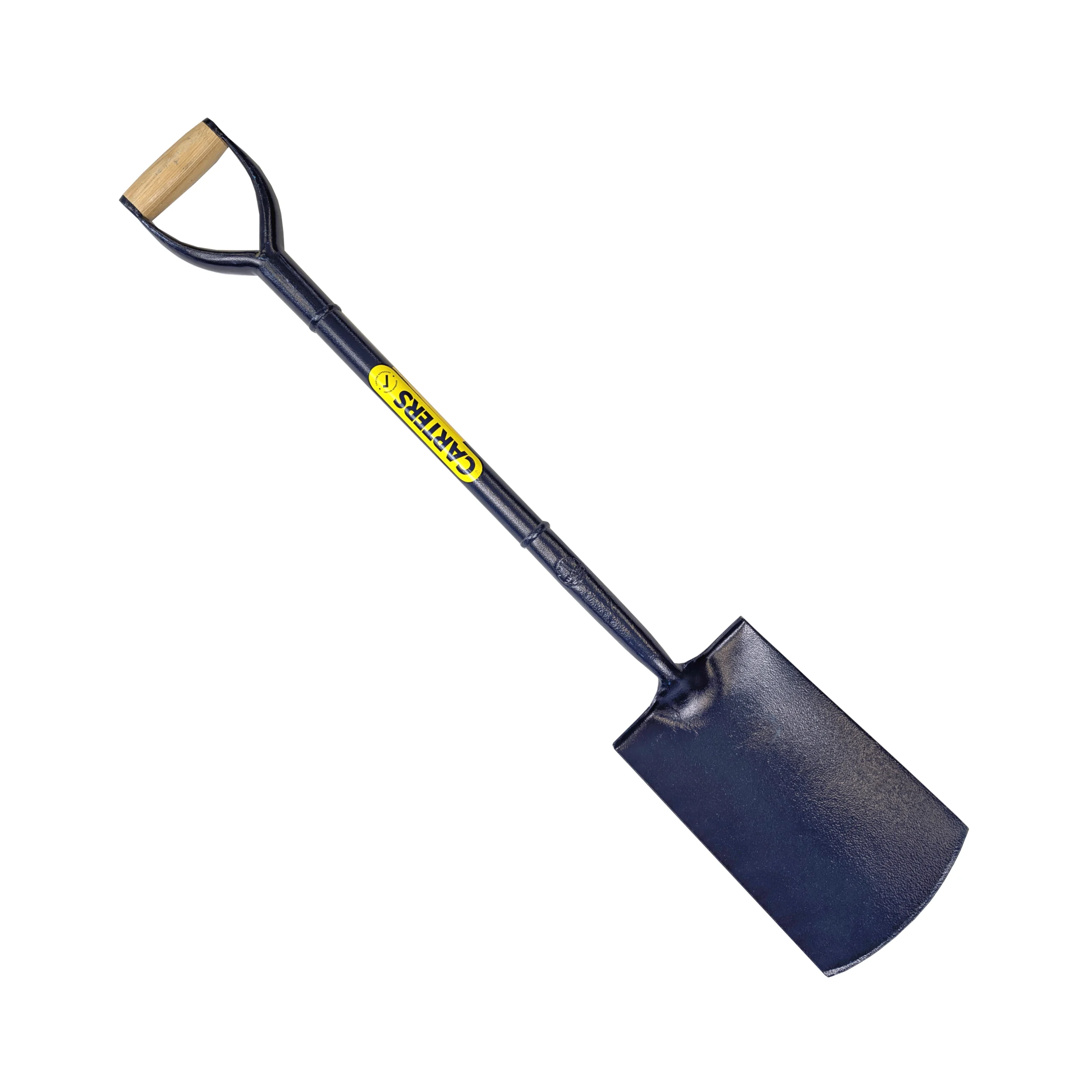 Steel spade, all blue, yellow sticker on the shaft and a wooden hand grip handle