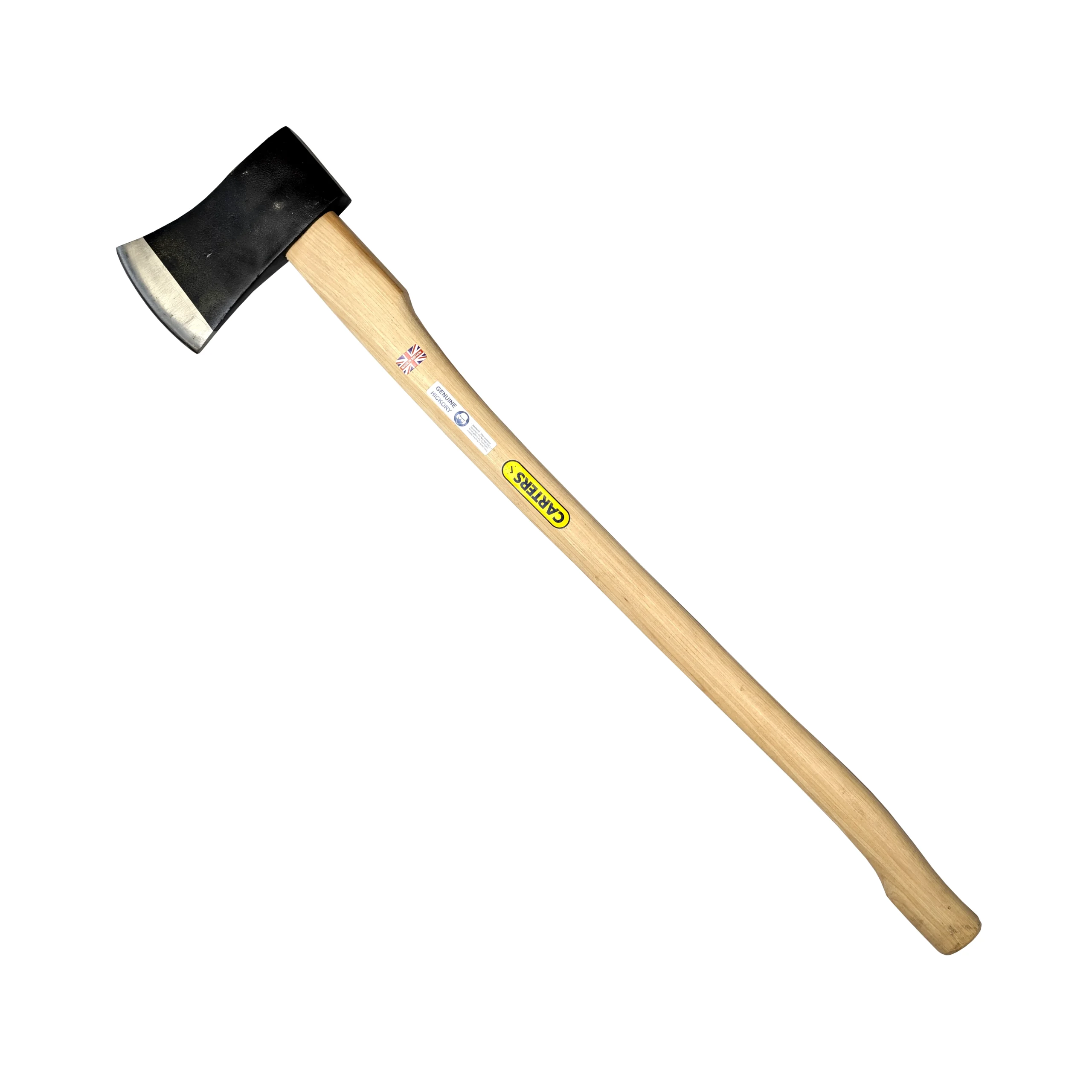 hickory axe, long hickory handle, black axe head with a silver blade tip.