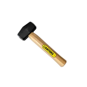 Lump Hammer, black head, wooden handle with yellow sticker.