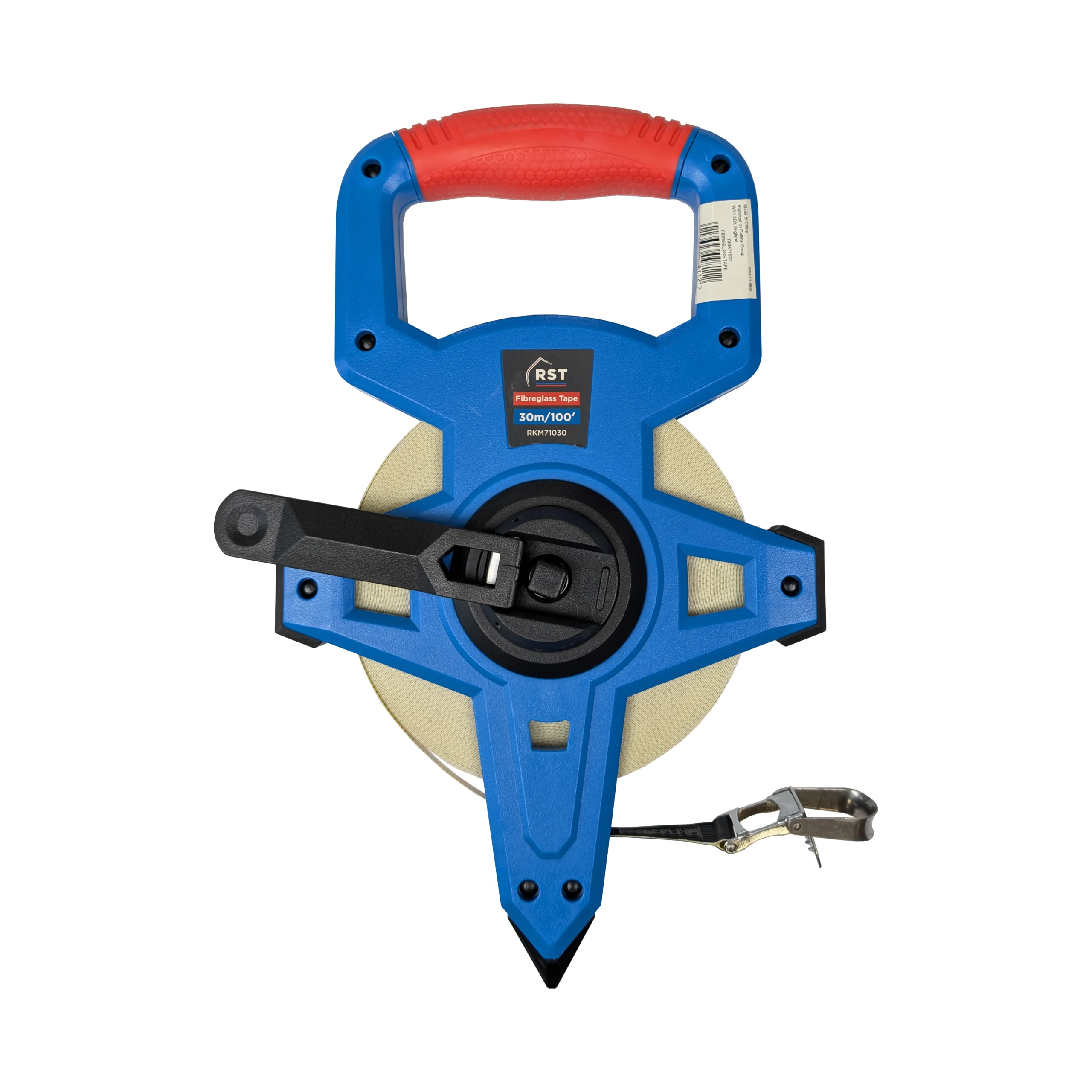 blue open tape measure, pointed at the bottom end with a red D shape handle at the top. A black winding handle sits in the centre.
